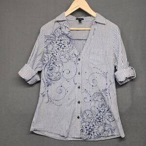 FANG Top Womens Large Blue Striped Floral Cotton Lightweight Roll Tab Sleeve Y2K
